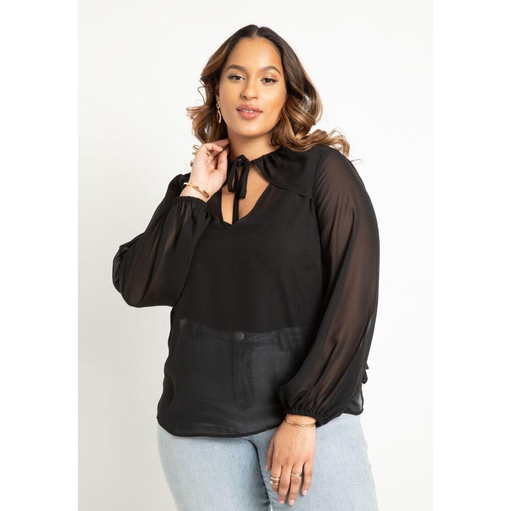 New Eloquii Womans Sz 14 Plus Blouse Neckline Tie Chiffon Long Sleeve Sheer NWT